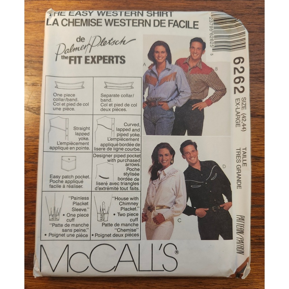 Vintage 1992 McCalls 6262 Western Shirt Sewing Pattern Palmer Pletsch XL 42-44